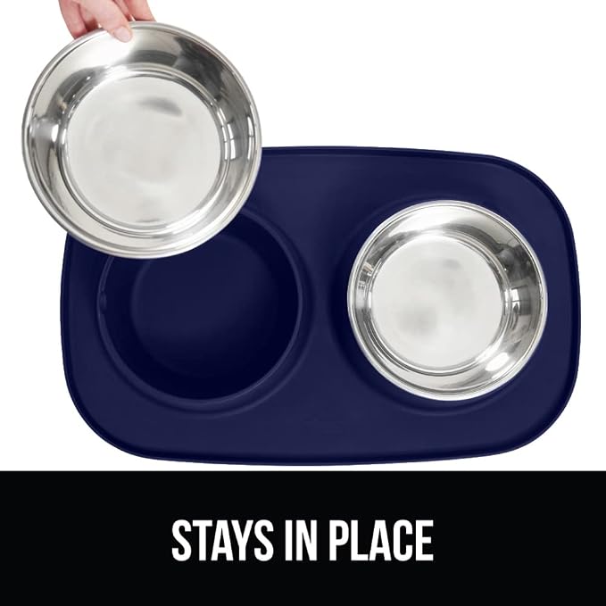 GORILLA GRIP Dog Bowl Set with Slip Resistant Silicone Feeding Mat, Food Grade 304 Stainless Steel Bowls, BPA Free, High Edge Spill Containment, Dishwasher Safe, Finger Notch Removal, 2 Cup, Navy Blue - Image 4