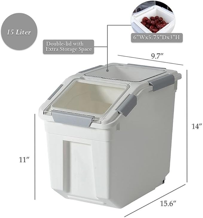 HANAMYA 15 Liter / 15 lbs Pet Food Storage Container with Measuring Cup, BPA free, For Dog Food | Cat Food | Rice | Grain | Flour, White & Gray, 2 counts - Image 3