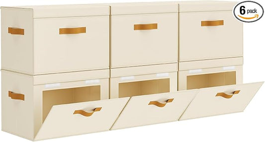 Homsorout Large Storage Bins with Lids - Front Opening Fabric Storage Bins, Flap Closet Organizer with Handles, Collapsible Boxes with Lid, Decorative Basket for Home, Dorm, 6 Pack, Beige by Homsorout