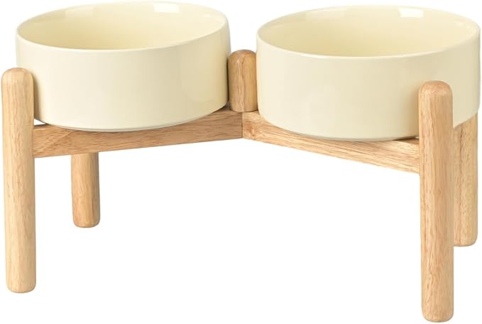SPUNKYJUNKY Ceramics Elevated Dog Bowls with Wooden Stand - Raised Double 60OZ Cream White Bowls for Medium Large Dogs by SPUNKYJUNKY