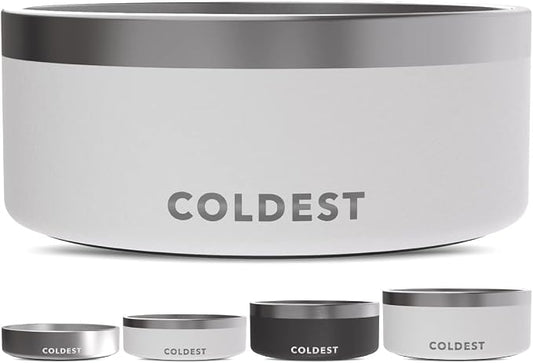 Coldest Dog Bowl - Anti Rust Metal, Non Slip, 3 Layers Insulated Stainless Steel Dog Bowls - Spill Proof & Heavy Duty - Water Bowl for Dogs, Cats & Pets, Dish Washer Safe (100 oz, Epic White) by Coldest