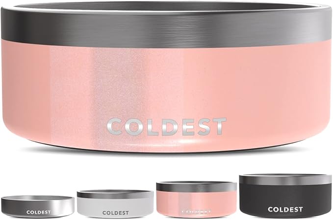 Coldest Dog Bowl - Anti Rust Metal, Non Slip, 3 Layers Insulated Stainless Steel Dog Bowls - Spill Proof & Heavy Duty - Water Bowl for Dogs, Cats & Pets, Dish Washer Safe (64 oz, Forever Pink Glitter) by Coldest