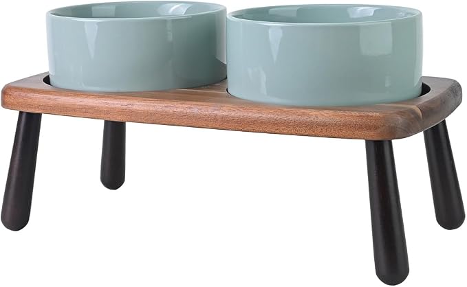 SPUNKYJUNKY Ceramic Elevated Dog Bowls Raised with Acacia Bamboo Wooden Stand, 6.1'' Dog Cat Food Water Bowls Set Non-Slip for Small Medium Sized Breed Microwave Dishwasher Safe - 28.7 OZ,Light Green by SPUNKYJUNKY