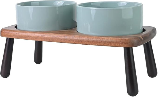 SPUNKYJUNKY Ceramic Elevated Dog Bowls Raised with Acacia Bamboo Wooden Stand, 6.1'' Dog Cat Food Water Bowls Set Non-Slip for Small Medium Sized Breed Microwave Dishwasher Safe - 28.7 OZ,Light Green by SPUNKYJUNKY