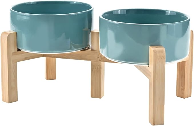 SPUNKYJUNKY Elevated Dog Bowls Ceramic, 6.1'' Dogs and Cat Food Water Bowls Raised with Non-Slip Bamboo Stand for Medium Sized Breed Microwave Dishwasher Safe - 28.7 OZ,Dark Green by SPUNKYJUNKY