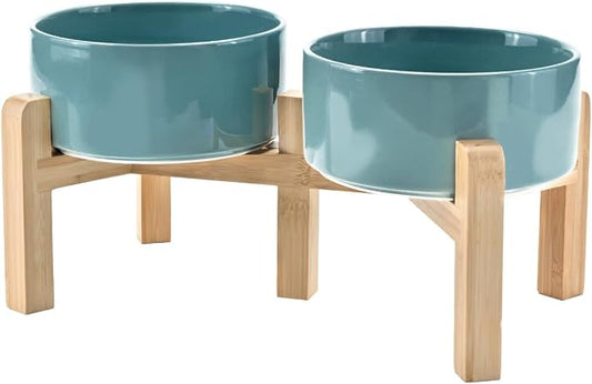 SPUNKYJUNKY Elevated Dog Bowls Ceramic, 6.1'' Dogs and Cat Food Water Bowls Raised with Non-Slip Bamboo Stand for Medium Sized Breed Microwave Dishwasher Safe - 28.7 OZ,Dark Green by SPUNKYJUNKY