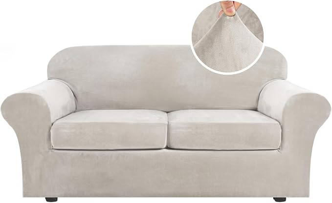 H.VERSAILTEX Real Velvet Plush 3 Piece Stretch Sofa Covers Couch Covers for 2 Cushion Couch Sofa Slipcovers Width Up to 90 Inch Thick Soft Stay in Place (Large Sofa, Oatmeal) by HVERSAILTEX