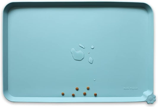Hoki Found L Silicone Non Slip Pet Food Tray - Dog Cat Bowl Mats - Waterproof Dog Cat Food Mats for Carpet - Light Turquoise by Hoki+Found