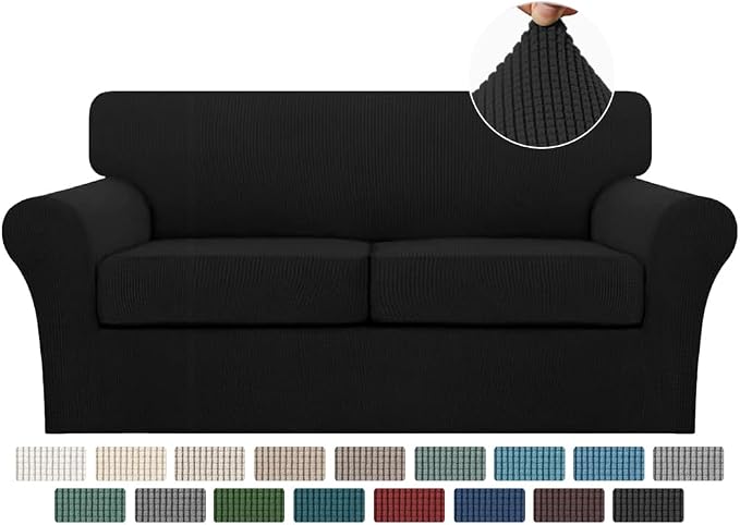 Turquoize 3 Piece Sofa Covers For 2 Cushion Couch Sofa Slipcover Soft Couch Cover For Dogs-Washable Sofa Furniture Covers With 2 Individual Cushion Covers, Feature Thick Fabric (2 Cushion Sofa, Black) by Turquoize