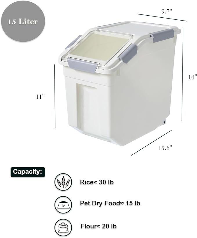 HANAMYA 15 Liter / 30 lbs Rice Storage Container with Measuring Cup, BPA free, For Rice | Grain | Pet Food | Flour, 1 count, White - Image 3