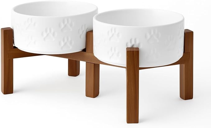 SPUNKYJUNKY Ceramic Elevated Dog Bowl Set with Acacia Wood Stand for Food and Water for Small Medium Sized Dogs (28.74 OZ, White, Dog Paw Pattern) by SPUNKYJUNKY