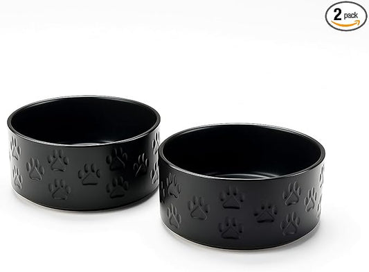 SPUNKYJUNKY Ceramic Dog and Cat Bowls 2 Pack, 6.1'' Dog and Cat Food Water Double Feeding Bowls Non-Slip for Large Sized Breed Microwave Dishwasher Safe - 28.7 OZ, 2pcs, Paw Black by SPUNKYJUNKY