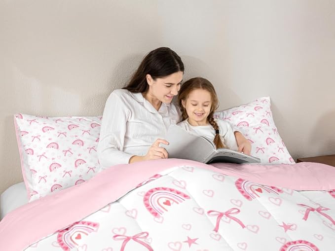 Manfei Pink Rainbow Comforter Set,Dreamy Bowknot Bow Ribbon Princess Style Bedding Set for Adults Living Room,Romantic Love Hearts Graffiti Pink White Quilt Set 3 Pcs with 2 Pillowcases,King - Image 3
