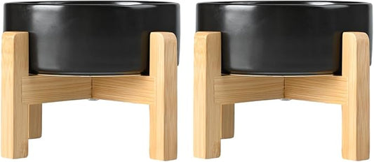 SPUNKYJUNKY Ceramic Elevated Dog Bowls 2 Pack - 5.1inch Raised Dog Bowls with Non-Slip Wooden Stand for Small Dogs Dishwasher Safe(Black,13.5OZ*2) by SPUNKYJUNKY