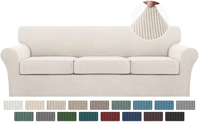 Turquoize 4 Piece Sofa Covers for 3 Cushion Couch Sofa Slipcover Soft Couch Cover for Dogs-Washable Sofa Furniture Covers with 3 Individual Large Cushion Covers, Feature Thick Fabric (XL Sofa, Ivory) by Turquoize
