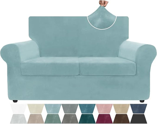 ZNSAYOTX Luxury Velvet Sofa Cover 3 Piece (57"-70") Stretch Loveseat Covers for 2 Cushion Couch Thick Soft Couch Slipcover with Non Slip Strap, Dog Pet Friendly Nice Furniture Protector (Stone Blue) by ZNSAYOTX