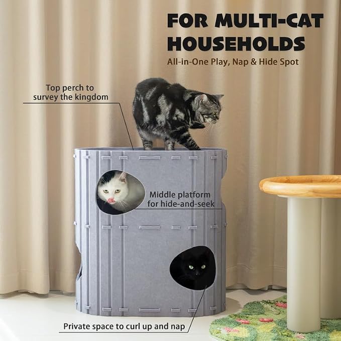 PETKARAY 2-Story Felt Cat House, Large Bed Cave for Indoor Cats, Felt Tunnel Hideaway Condo for Multi-Cat Households, 23.6x22x12 inches, Beige - Image 3