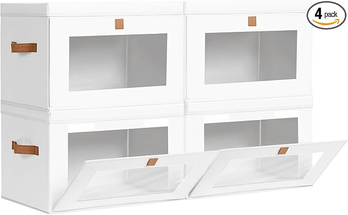 Homsorout Large Clothing Storage Bins - Collapsible Boxes with Handles & Window, Decorative Organizer Bins with Lids, Fabric Containers for Living Room, Dorm, 4 Pack, White by Homsorout