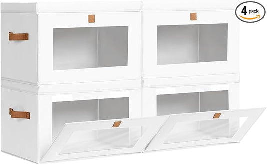Homsorout Large Clothing Storage Bins - Collapsible Boxes with Handles & Window, Decorative Organizer Bins with Lids, Fabric Containers for Living Room, Dorm, 4 Pack, White by Homsorout