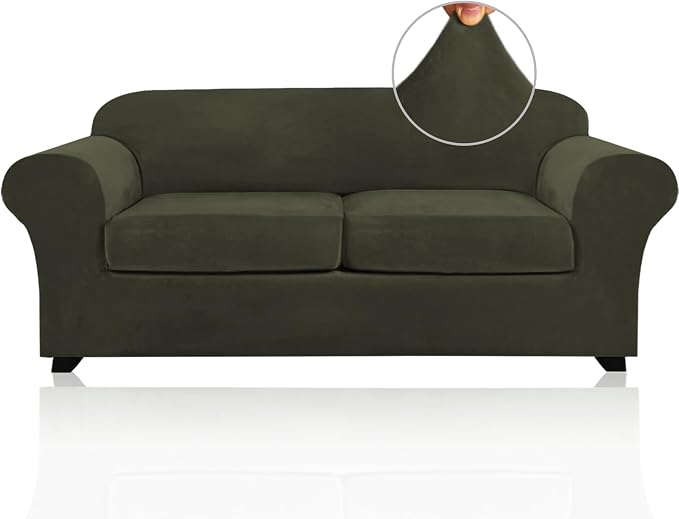 PrinceDeco Couch Cover Velvet Plush Sofa Covers for 2 Cushion Couch Width Up to 90 Inch Washable Furniture Protector Pet Friendly No Slip Sofa Slipcover(Medium-Large, Olive) by PrinceDeco