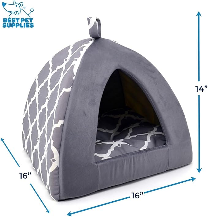 Best Pet Supplies Cat Bed for Indoor Cat, Domed Tent House with Removable Pillow, Covered Cat Cave for Small Dog, Puppies and All Breeds of Cats - Gray Lattice, 19 x 19 x H:19" - Image 3