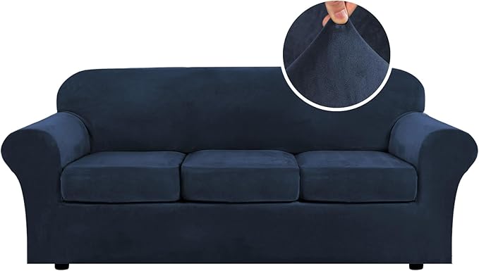 H.VERSAILTEX Modern Velvet Plush 4 Piece High Stretch Sofa Slipcover Sofa Cover Furniture Protector Form Fit Luxury Thick Velvet Sofa Cover for 3 Cushion Couch Width Up to 90 Inch (Sofa,Navy) by HVERSAILTEX