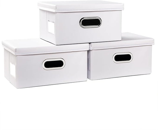 PRANDOM Collapsible Storage Box with Lid [3-Pack] Leather Fabric Foldable Storage Bin Organizer Container Basket Cube with Cover for Home Bedroom Closet Office Nursery White(13.6x9.6x6.9) by Prandom