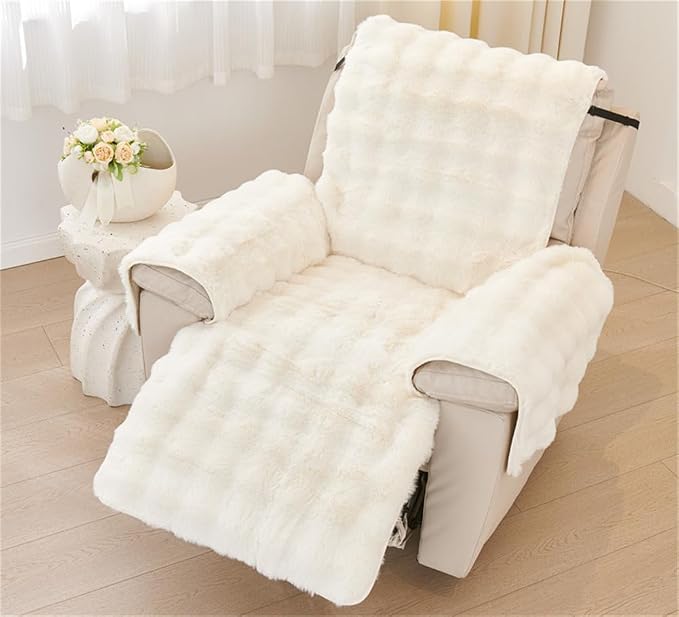 Plush Recliner Slipcover Home Faux Fur Fluffy Recliner Chair Slipcover Non Slip Back Fuzzy Fluffy Reclining Couch Cover Soft Comfort Sofa Slipcover Washable Furniture Protector (Beige) - Image 3
