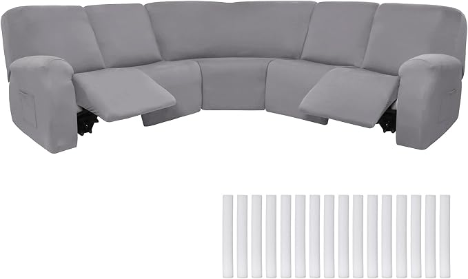 Peryiter 7 Pcs L Shape Sectional Recliner Sofa Covers 5 Seat Sectional Couch Covers Milk Silk Velvet Stretch Reclining Sofa Slipcover Furniture Protector for Living Room(Light Gray,Milk Silk) by Peryiter