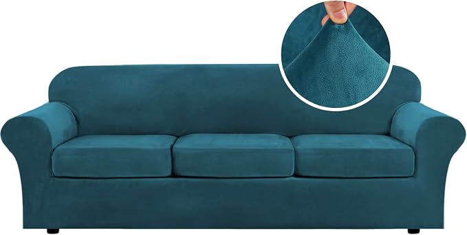 H.VERSAILTEX Velvet 4 Piece High Stretch Sofa Slipcover Cover Furniture Protector Form Fit Luxury Thick Velvet Extra Large Sofa Cover for 3 Cushion Couch Width Up to 105 Inch (XL Sofa, Deep Teal) by HVERSAILTEX