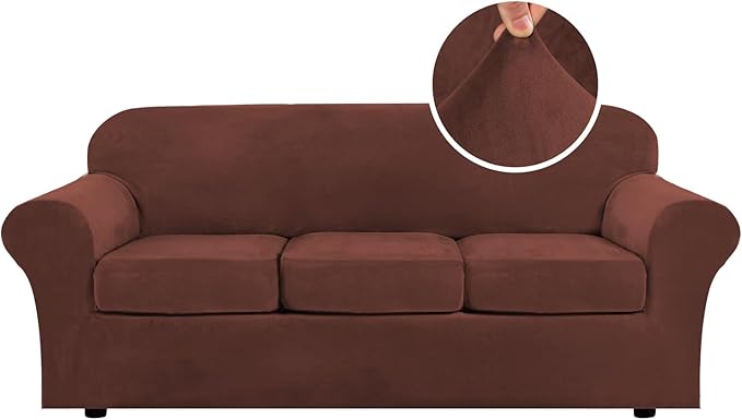 H.VERSAILTEX Modern Velvet Plush 4 Piece High Stretch Sofa Slipcover Sofa Cover Furniture Protector Form Fit Thick Velvet Sofa Cover for 3 Cushion Couch Width Up to 90 Inch (Sofa, Burnt Brick) by HVERSAILTEX