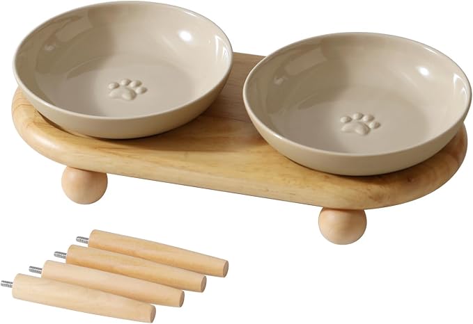 Havniva Elevated Cat Bowls, Raised Ceramic Cat Bowl with Stand, Two Heights | Cat Food & Water Bowl Set, Whisker Friendly, 5.6” Raised Cat Dishes, Shallow Cat Plate, Non-slip Wood Stand, Kitten Food Bowl by Havniva