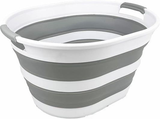 SAMMART Collapsible Plastic Oval Laundry Basket 23L (6 Gallons) -Foldable Storage Container/Organizer - Portable Washing Tub - Space Saving Hamper for Laundry, Camping & Home (White/Grey) by SAMMART