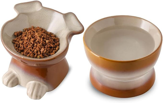 Nihow Dog Food & Water Bowls: Elevated Ceramic Bowls for Medium/Small Dog | Food Safe Raised Puppy Bowls - Brown Pet Bowl for Protecting Pet's Spine (Set of 2) by Nihow