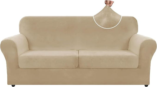 ZNSAYOTX Oversized Velvet 3 Piece Couch Cover with 2 Extra Large Seat Cushion Covers Stretch Sofa Cover for 2 Cushion Couch Thick Loveseat Sofa Slipcover for Living Room (Camel), 72"-92"(2 Cushions) by ZNSAYOTX