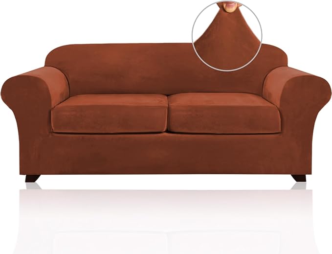 PrinceDeco Couch Cover Velvet Plush Sofa Covers for 2 Cushion Couch Width Up to 90 Inch Washable Furniture Protector Pet Friendly No Slip Sofa Slipcover(Medium-Large, Rust) by PrinceDeco