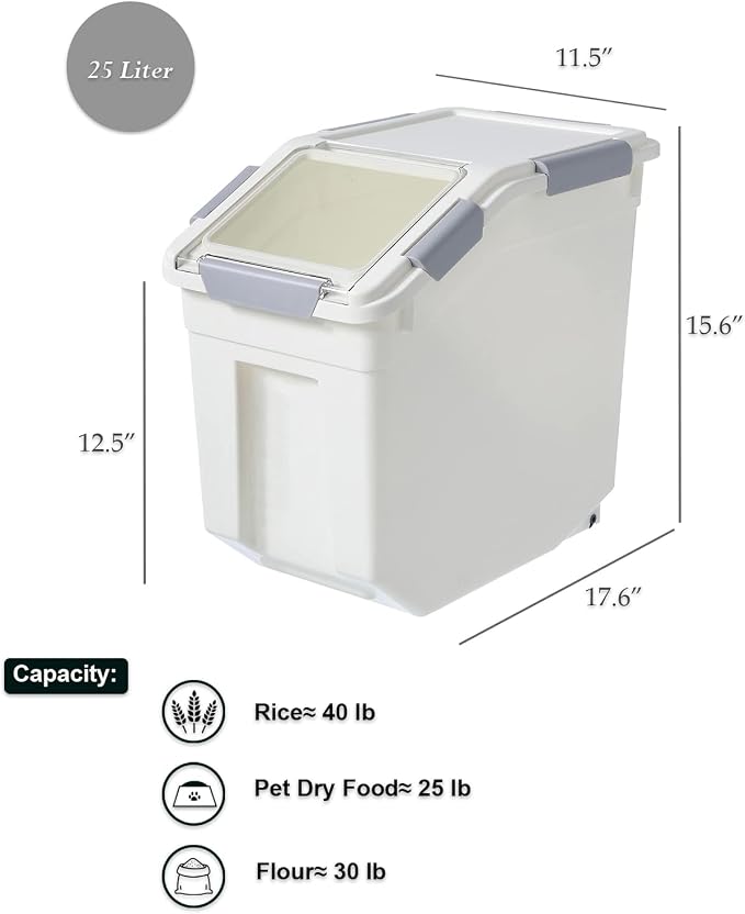 HANAMYA 25 Liter / 40 lbs Rice Storage Container with Measuring Cup, BPA free, For Rice | Grain | Pet Food | Flour, 2 count, White - Image 3