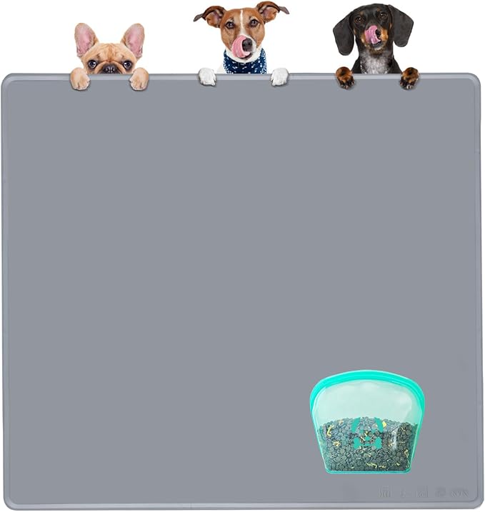 KVK Extra Extra Large Silicone Dog Food Mat 39.4×43.3in and 128oz Silicone Bag Set, Super Size Waterproof Pet Feeding Mat & Container, Non-Slip, Chew-Resistant Floor Protection (Cool Grey&Teal) by Unknown