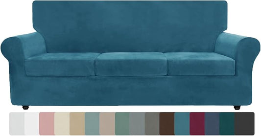 ZNSAYOTX Oversized Velvet Couch Cover 4 Piece (92"-115") Stretch Sofa Covers for 3 Cushion Couch Thick Soft XL-Slipcover with Non Slip Strap, Dog Pet Friendly Nice Furniture Protector (Peacock Blue) by ZNSAYOTX