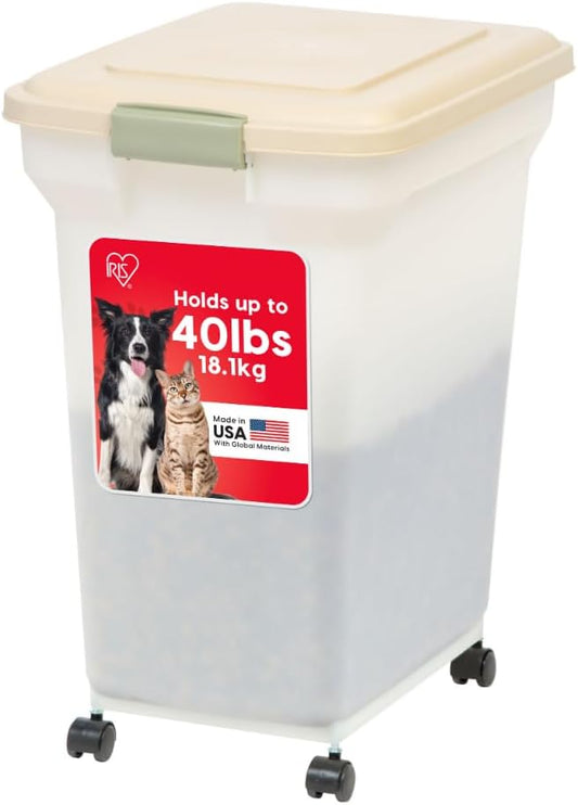 IRIS USA Airtight Dog Food Storage Container, WeatherPro, Up to 40 lbs, Removable Wheels, for Dog Cat Bird and Other Pet Food Storage Bin, Keep Fresh, Translucent Body, Made in USA, Almond/Pearl by IRISUSA