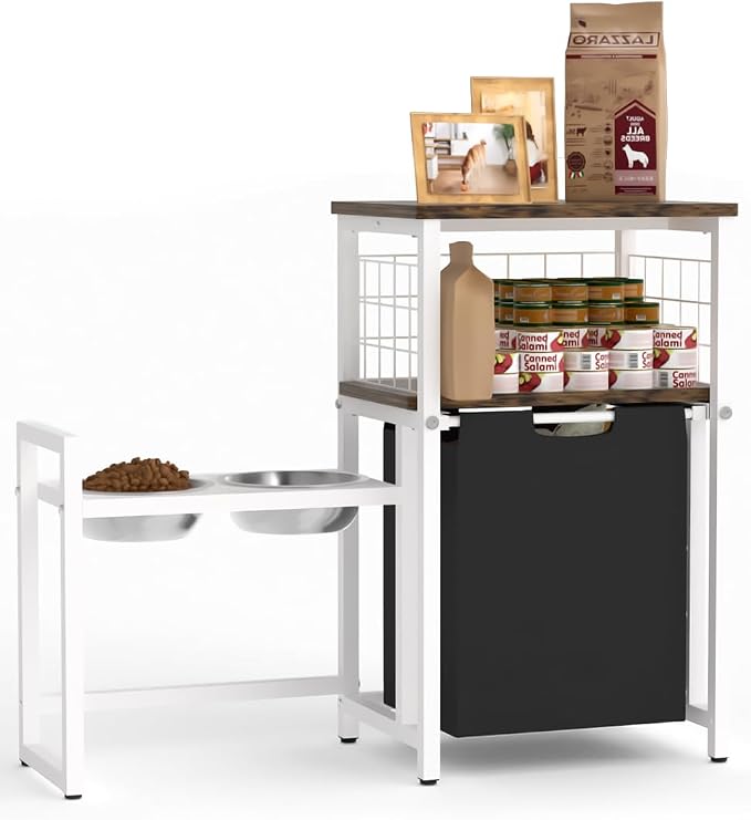 30.6Long x 26.2 High Elevated Dog Bowl Stand with Pet Food Storage Organizer, Adjustable Raised Feeding Station with Toy Basket for Large Medium Small Dogs and Cats, White by Sungaryard
