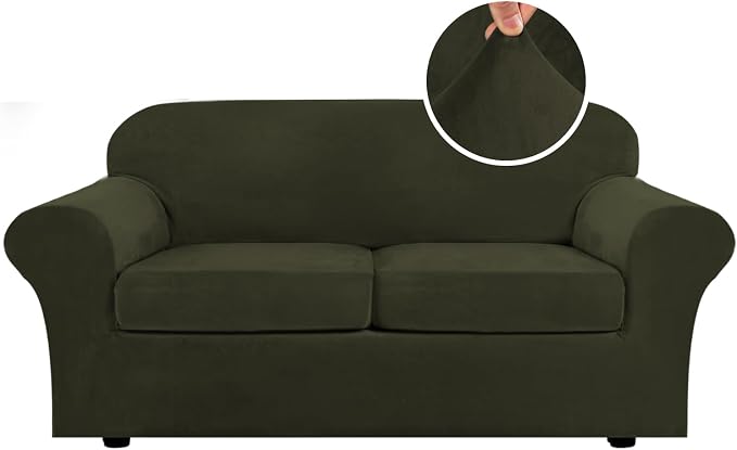 H.VERSAILTEX Real Velvet Plush 3 Piece Stretch Sofa Covers Couch Covers for 2 Cushion Couch Sofa Slipcovers Width Up to 90 Inch Feature Thick Soft Stay in Place (Sofa, Olive) by HVERSAILTEX