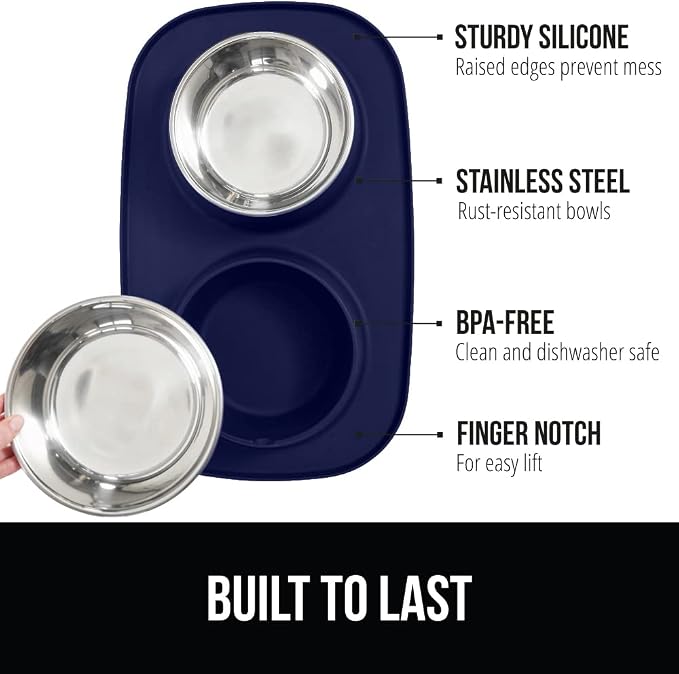 GORILLA GRIP Dog Bowl Set with Slip Resistant Silicone Feeding Mat, Food Grade 304 Stainless Steel Bowls, BPA Free, High Edge Spill Containment, Dishwasher Safe, Finger Notch Removal, 2 Cup, Navy Blue - Image 2