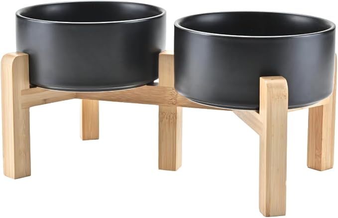 SPUNKYJUNKY Elevated Dog Bowls Ceramic, 6.1'' Dogs and Cat Food Water Bowls Raised with Non-Slip Bamboo Stand for Medium Sized Breed Microwave Dishwasher Safe - 28.7 OZ,Black by SPUNKYJUNKY