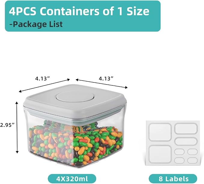 Ankou Airtight Container Set - (380ml 4 Pcs) Stackable One Button Openning Food Containers for Snacks Candy Salt Herbs Spices BPA-Free Tranparent (0.32 QT * 4) - Image 2