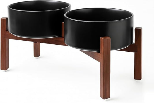SPUNKYJUNKY Raised Ceramic Dog Bowls Set with Non-Slip Acacia Wood Stand for Medium Sized Dog(42.27 OZ, Black) by SPUNKYJUNKY