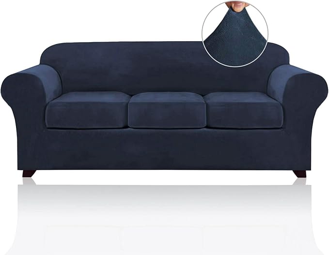 PrinceDeco Velvet Couch Covers for Sofa Soft 4 Pieces Couch Covers for 3 Cushion Couch Sofa Pet Friendly Furniture Protector with Non Slip Elastic Bottom Width Up to 90 Inch (Large, Navy) by PrinceDeco