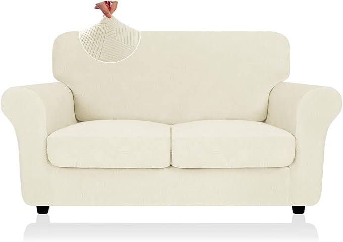 ZNSAYOTX 3 Piece Stretch Loveseat Covers (55"-69"), Thick Striped Sofa Covers for 2 Cushion Couch with Elastic Band Bottom Ties Non-Slip Stay in Place, Soft Durable Love Seat Slipcovers, Beige by ZNSAYOTX