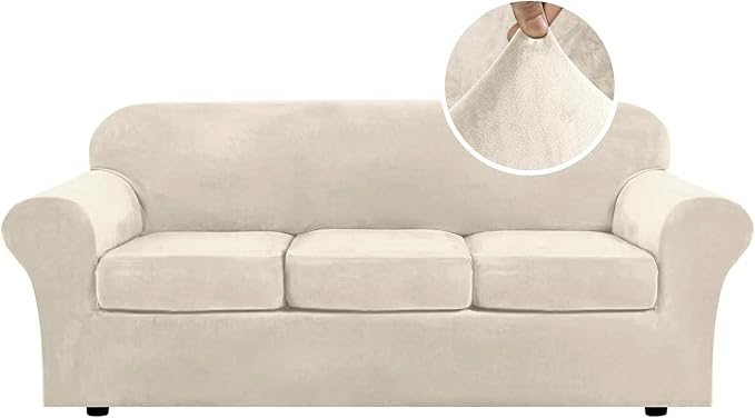 H.VERSAILTEX Modern Velvet Plush 4 Piece High Stretch Sofa Slipcover Furniture Protector Form Fit Luxury Thick Sofa Cover for 3 Cushion Couch, Machine Washable Width Up to 90 Inch(Sofa,Ivory) by HVERSAILTEX