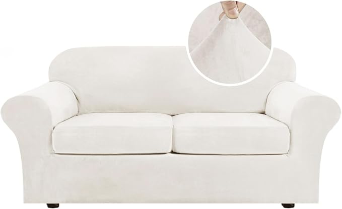 H.VERSAILTEX Real Velvet Plush 3 Piece Stretch Sofa Covers Couch Covers for 2 Cushion Couch Sofa Slipcovers Width Up to 90 Inch Feature Thick Soft Stay in Place (Sofa, Porcelain White) by HVERSAILTEX